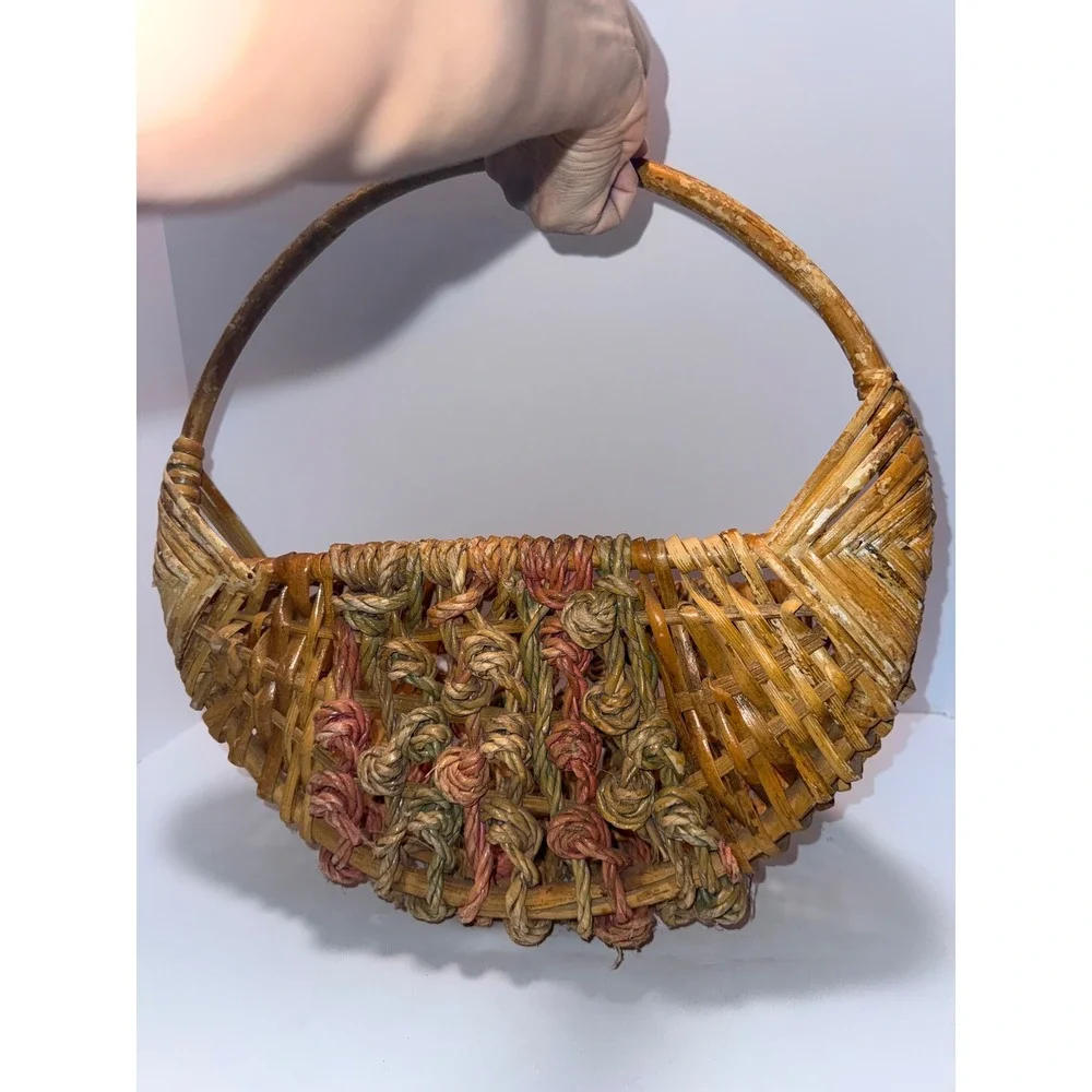 Vintage Wicker Wall Pocket Basket Knotted Rope Detail Crescent Half‎ Moon Brown
